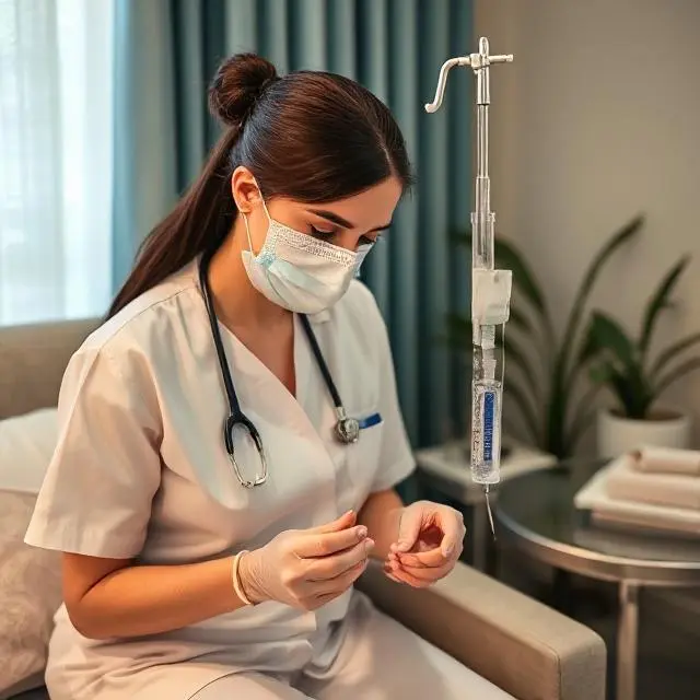 Nurse administering NAD⁺ IV drip therapy at home in Dubai