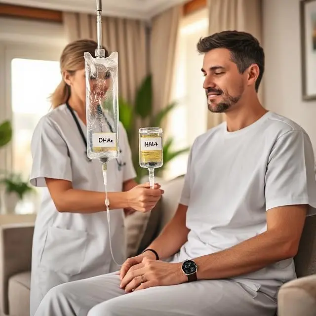 DHA-certified nurse administering NAD+ IV drip to patient at home in Dubai