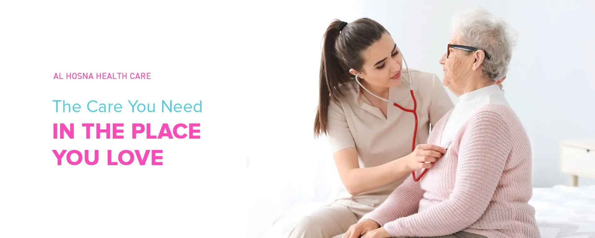 "Home healthcare nurse checking elderly woman's heartbeat at home – Al Hosna Health Care Dubai"