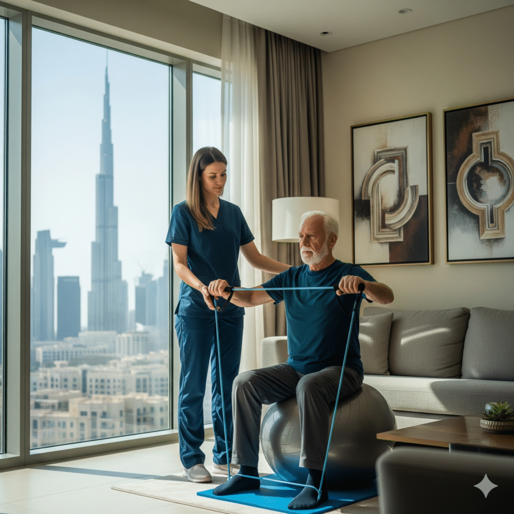 Pediatric physiotherapist treating Oldman at home in Dubai