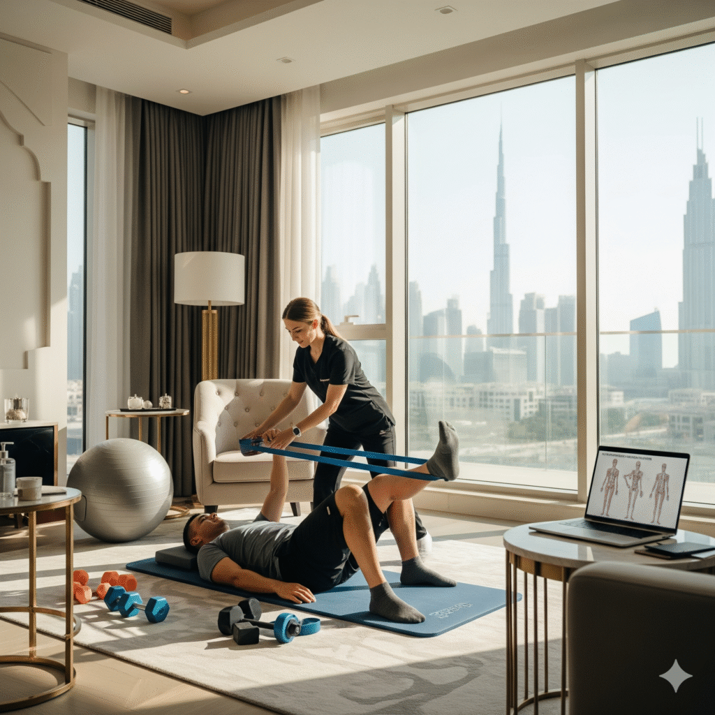 Physiotherapist assisting patient with rehabilitation exercises at home Dubai